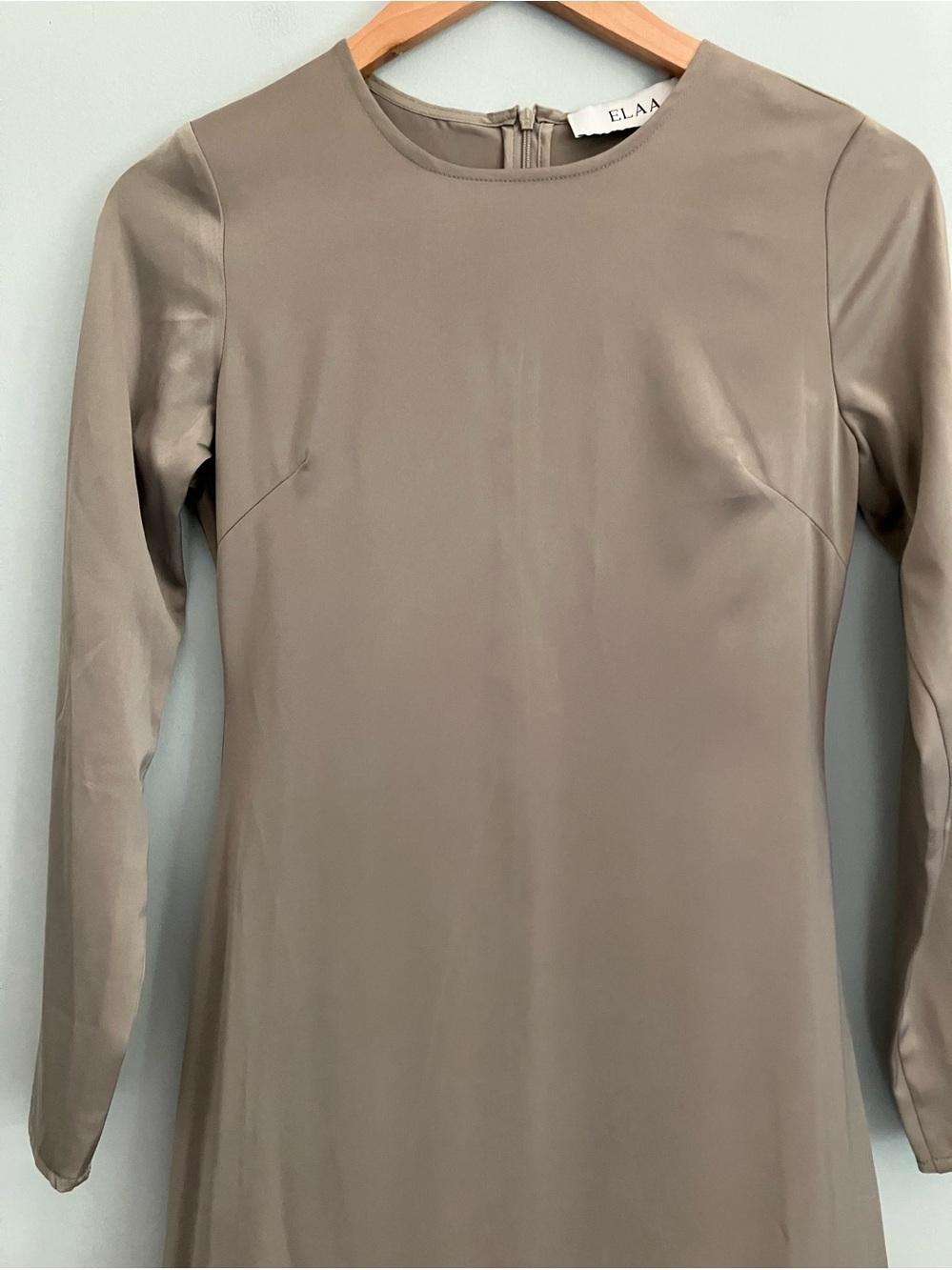 ELAA Muted Olive Green/Taupe Satin Long Sleeve A-Line Maxi Dress Size XXS-XS - Picture 4 of 12